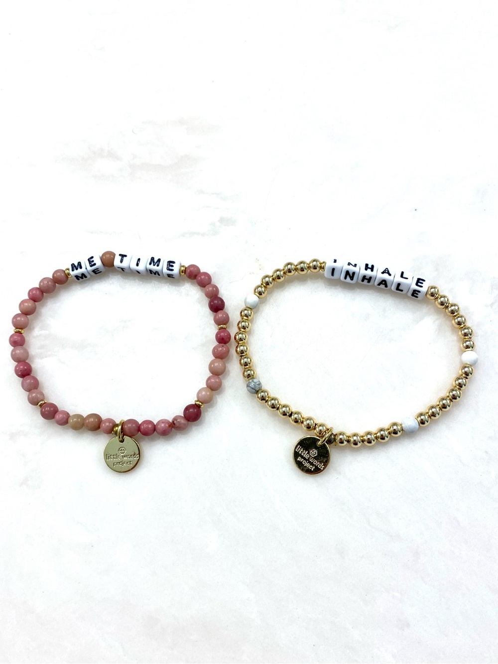 Pink Beaded Stretch Bracelet with Gold Accent Charm